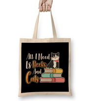 All I Need Is Books And Cats Cute Bookworm Cat Bez Çanta Uzun Saplı