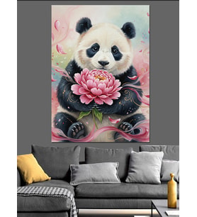Pembe Çiçekli Panda Ayı Dekoratif Kanvas - Mdf Ahşap Tablo