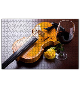 Cakapuzzle Kırmızı Şarap, Keman ve Sarı Gül  Puzzle Yapboz MDF (Ahşap) (120 Parça)
