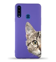 Samsung Galaxy A20s Uyumlu Lansman Kılıf Catface Tasarımlı İçi Kadife Kapak-Mor (Şeffaf)