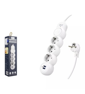 Fly 3393-01 Termal Akım Korumalı 3'lü Priz 2 USB Girişli 2 Metre - Beyaz
