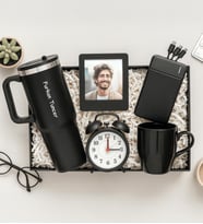 Kişiye Özel Fotoğraflı Çerçeve,Masa Saati,Powerbank,Fincan Ve Termos Hediye Seti (Siyah)