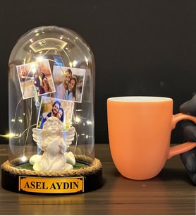 Sizlere Özel Tasarım Led Işıklı Fanus ve Turuncu Kupa Bardak Hediye Seti (Model 2)