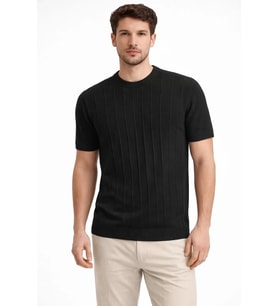 Basice Erkek Yazlık Fitilli Triko Tişört Kısa Kol Bisiklet Yaka T-Shirt - Siyah