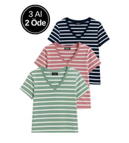 Kadın 3'lü Paket Yeşil-Pembe-Mavi Crop Tişört Pamuk V Yaka T-Shirt