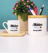 Maden Mühendisi Türk Kahvesi Fincanı Ahşap Altlıklı ve Kalemlik (Model 1)