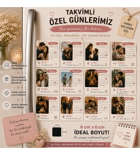 12'li Kare Takvimli Fotoğraf Magneti Sevgiliye Kişiselleştirilebilir 12 Ay Anı Hediye Seti