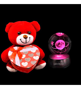 Kişiye Özel Led Işıklı Cam Satürn Küre Dolunay Lamba Kristal Top Peluş Ayıcık