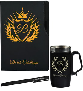 Kişiye Özel Doğum Günü Hediyesi Siyah Defter Termos - Mug ve Roller Kalem Hediye Seti
