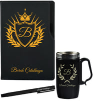 Kişiye Özel Doğum Günü Hediyesi Siyah Defter Termos - Mug ve Roller Kalem Hediye Seti