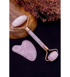 Pembe Kuvars Taşı Gua Sha ve Roller Seti (Yüz Cilt Masaj Aleti)