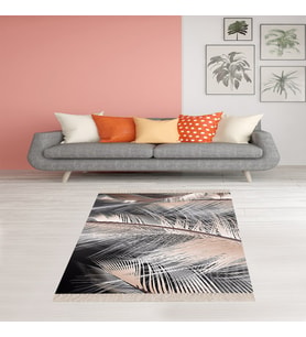 Kuş Tüyü Desenli Dijital Baskılı Kaymaz Taban Modern Salon Halısı ve Yolluk (Gri)