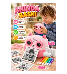 Anında Baskılı Çocuk Kamerası 5 Rulo Kağıt ve 6 Renk Kalem Setli Eğitici Fotoğraf Makinesi