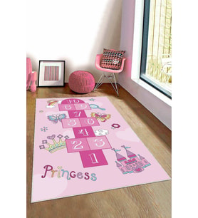 Pembe Kaymaz Tabanlı Seksekli Oyun Halısı Çocuk Halısı KD065