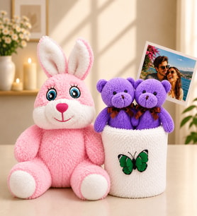 Kişiye Özel Fotoğraflı 2'li Peluş Ayıcık Buketi ve Pembe Peluş Tavşan Hediye Seti