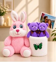Kişiye Özel Fotoğraflı 2'li Peluş Ayıcık Buketi ve Pembe Peluş Tavşan Hediye Seti