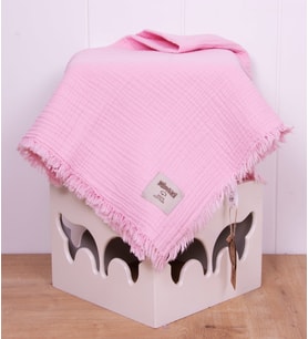 Müslin Püsküllü 4 Katlı Pembe Müslin Battaniye 105x110cm Pamuksu Yumuşaklık