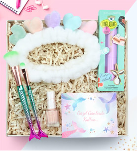 2'li Makyaj Fırçası & Kalpli Peluş Saç Bandı & Pastel Oje & Pastel Maskara Hediye Seti