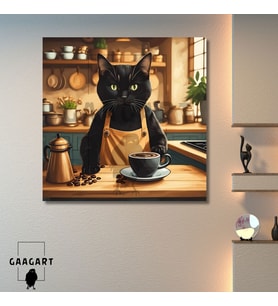 Kare Kanvas Kahve Köşesi Cafe Tablosu Barista Siyah Kedi
