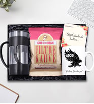 Siyah Beyaz Kupa & Siyah French Press & Colombian Taze Filtre Kahve Hediye Seti