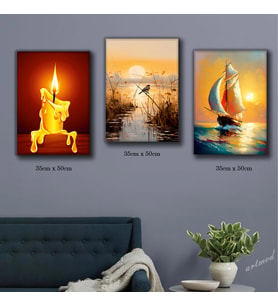 yanan mum gün batımı yelkenli tekne göldeki kuş tablosu 3 adet 35cmx50cm kumaş baskılı canvas tablo