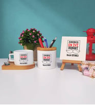 Babalar Günü Hediyesi -5- Ahşap Altlıklı Fincan Kalemlik ve Dekoratif Taş Baskı Hediye Seti