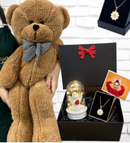 Büyük Boy Kahverengi Peluş Ayıcık ve Tasarım Kolyeli Fotoğraflı Hediye Kutusu (Model 7)