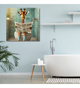 Tekli Kare Kanvas Banyo Tablosu Gazete Okuyan Zürafa
