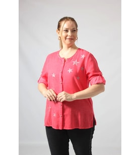 3294 Kırmızı Yıldız Baskılı Organik Keten Kumaş Mevsimlik Gömlek (Pembe)