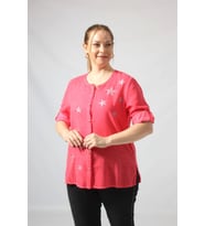 3294 Kırmızı Yıldız Baskılı Organik Keten Kumaş Mevsimlik Gömlek (Pembe)
