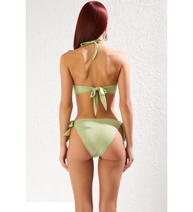 Kadın Bikini Takımı Straplez Drapeli Sabit Kap Balensiz Normal Bel Bağlama Detaylı Simli Örme
