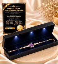925 Ayar Gümüş Kadın Bileklik Gerçek Mor Ametist Taşlı Lotus Çiçeği Premium Işıklı Kutulu