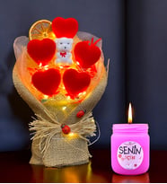 Led Işıklı Kırmızı Kalp Buketi ve Kokulu Mum Hediye Seti  Sevgiliye Arkadaşa Hediye (Pembe)