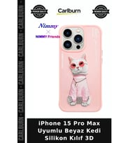 iPhone 15 Pro Max Uyumlu Beyaz Kedi Silikon Kılıf 3D Arkalık Mobil Aksesuar Zincirli Koruma