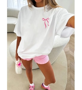 Fiyonk Baskılı Oversize Bisiklet Yaka T-shirt - Beyaz