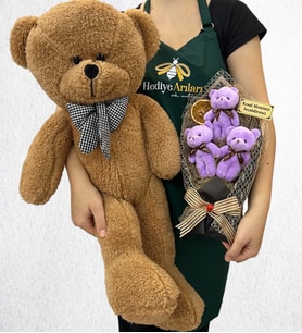 Kişiye Özel 3'lü Peluş Ayıcık Buketi ve Büyük Boy Kahverengi Peluş Ayıcık (Model 1)