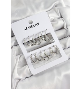 Pirinç Karışık Halka Model Gümüş Renk 6 Çift Kadın Küpe Set