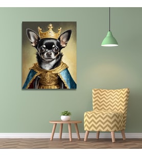 Tekli Dikey Kanvas Duvar Tablosu Kral Kostümlü Siyah Chihuahua Köpek