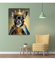 Tekli Dikey Kanvas Duvar Tablosu Kral Kostümlü Siyah Chihuahua Köpek
