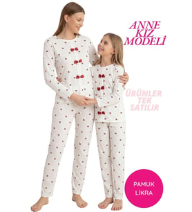 Tarık Kids Fiyonk Detay Kaşkorse Fitilli Mevsimlik Kumaş Uzun Kol Pijama Takımı-Anne Kız Modeli-TEK ÜRÜN FİYATI (Kırmızı)