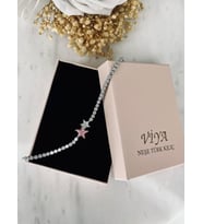 Özel Kutusunda Hediye Paketiyle Silver Pembe  Zirkon Taşlı Yıldız Motifli Suyolu Bileklik (Gümüş - Pembe)