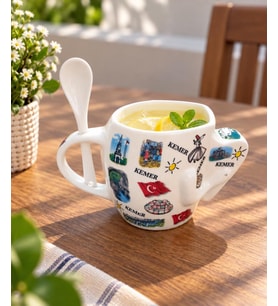 Kupa Bardak 450 ml Kemer Temalı Kaşıklı Dekoratif Hediyelik