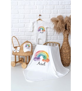 Pia Baby Premium  %100 Pamuk İsme Özel Kız Bebek Battaniye Tulum Hastane Çıkışı Hediye Seti 5016-05 (Ekru)
