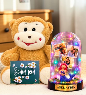 Kişiye Özel 3 Fotoğraflı Renkli LED Işıklı Fanus(denizkızı biblolu) ve Peluş Maymun Sevgiliye Hediye Kadına Hediye