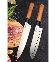 2'li Ahşap Oluklu Santoku Şef ve Ahşap Saplı Şef Bıçağı Paslanmaz Çelik Uzak Doğu Esintisi