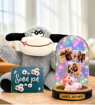 Kişiye Özel Yazılı 3 Fotoğraflı Renkli LED Işıklı Fanus(unicornlu) ve Şaşkın Peluş Eşek