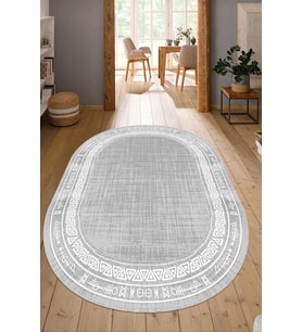 Dijital Baskılı Kaymaz Taban Yıkanabilir Oval Salon Halısı Mutfak Halısı Yolluk NDO-SD-563 (Gri)