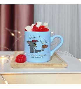 Tom & Jerry Tasarımlı Kişiye Özel Mavi Türk Kahvesi Fincanı