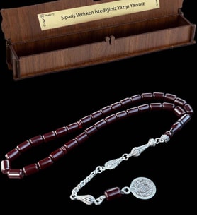 Sertifikalı Usta Işçilikli Sıkma Kahve Ateş Kehribar Tesbih Hediyelik Ahşap Kutulu