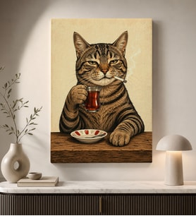 BK Gift Çay İçen Sigaralı Tekir Kedi Portresi Mizahi Retro Mutfak Kafe Kanvas Duvar Tablosu 50x70 cm
